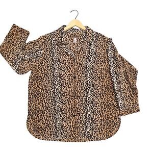 Stan Herman Crepe Leopard Print Button Down Shirt Long Sleeve Women's Plus 1X